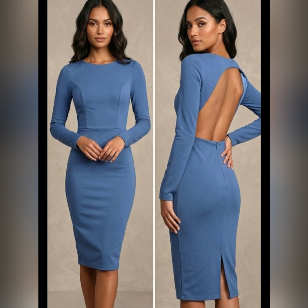 Lulu's Chic Blue long-sleeve cutout bodycon midi dress Size XS